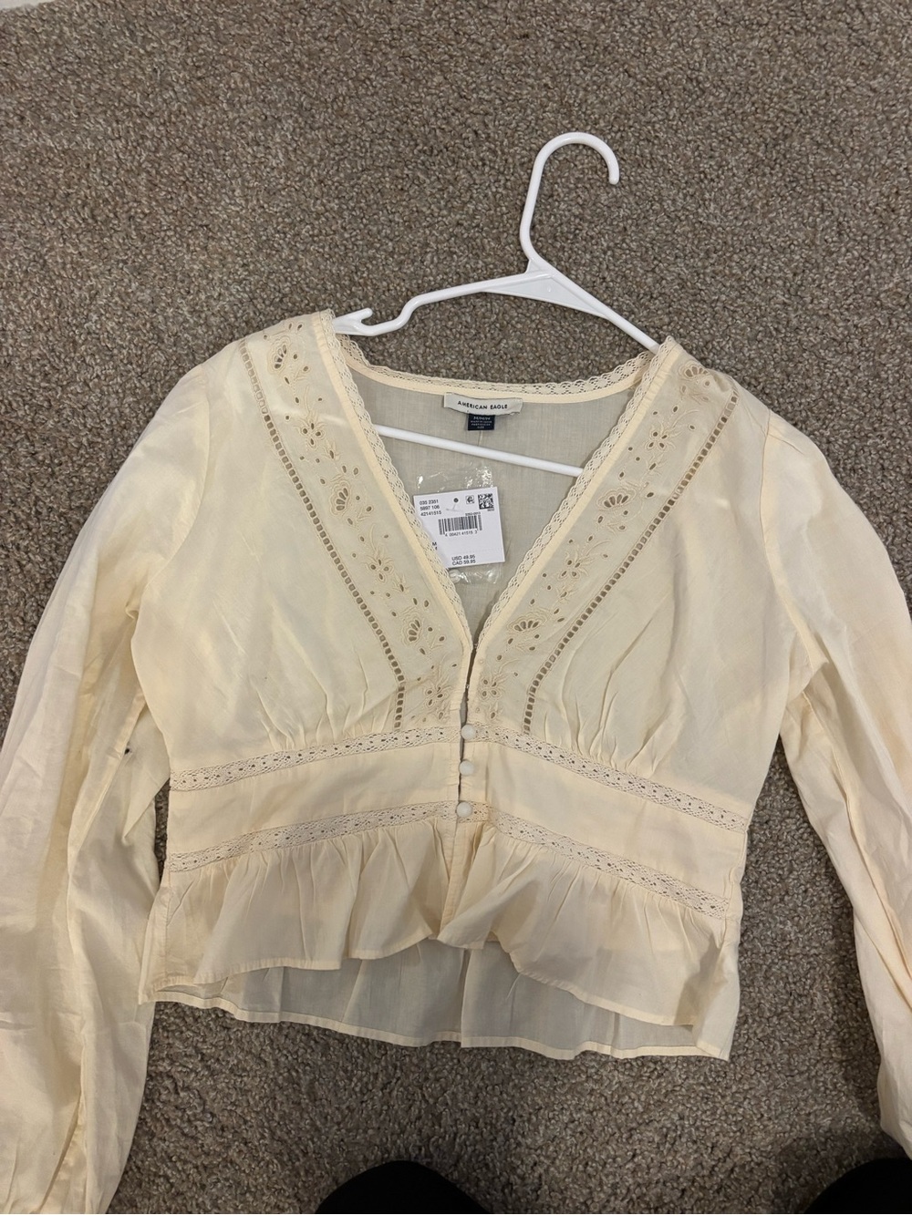 American Eagle Outfitters Cream Lace-Trim Buttoned Peplum Blouse